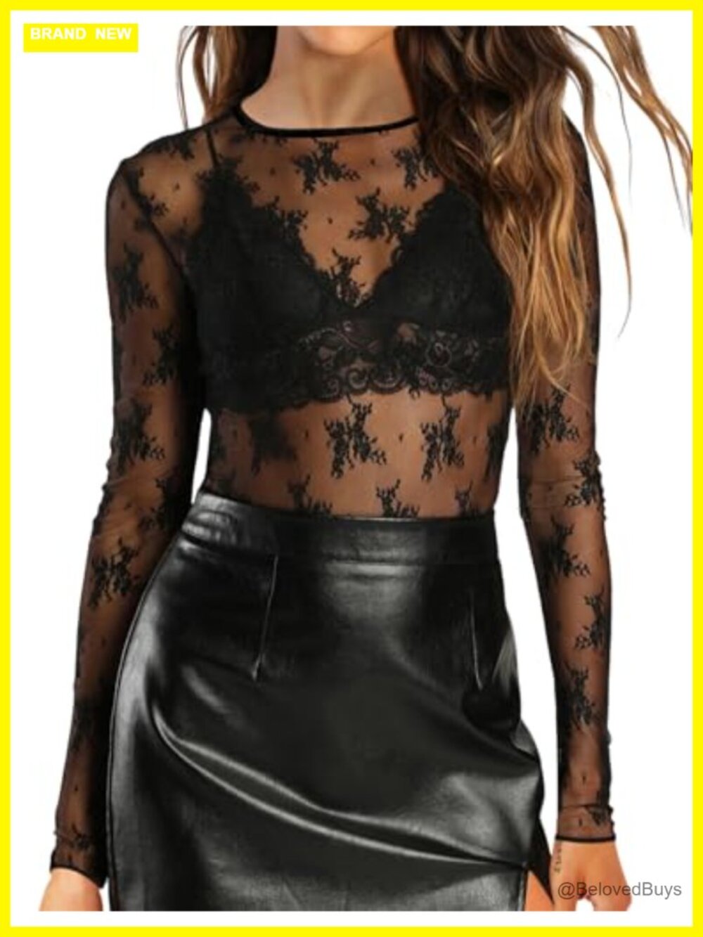 Mesh Long Sleeve Top Crew Neck Sheer Floral Lace Blouse